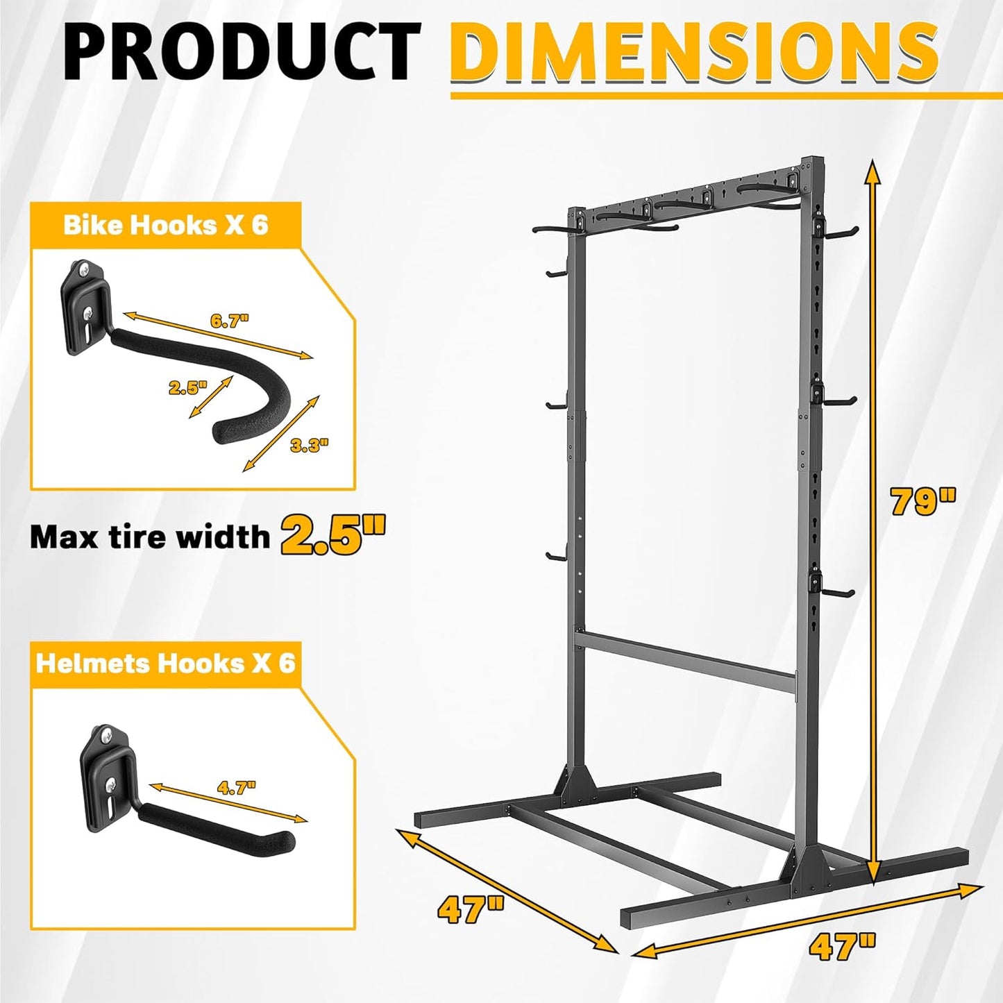 Freestanding Bike Stand, Vertical Bicycle Organizer with Adjustable Hooks, Holds Up to 6 Bikes & 6 Helmets