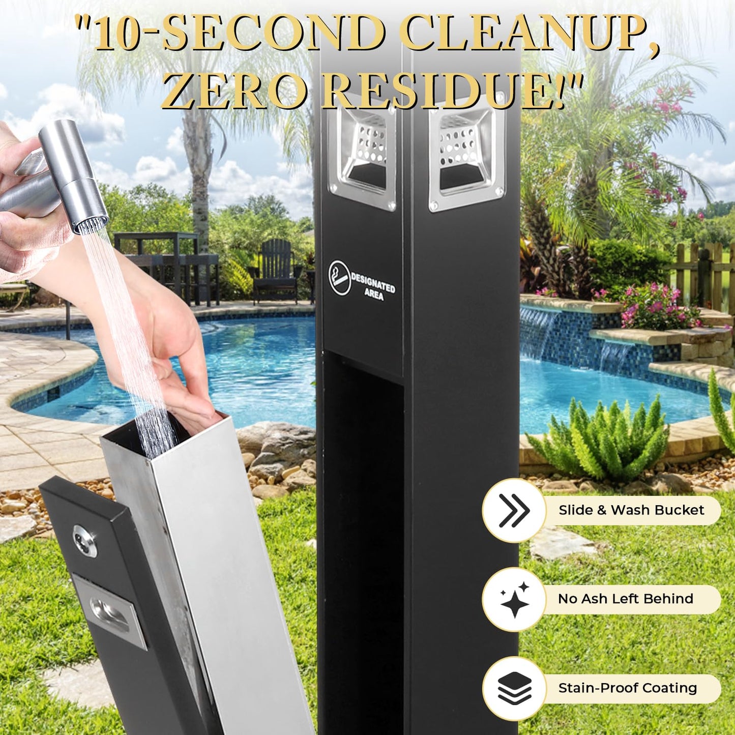Black Lockable Heavy-Duty Stainless Steel Ash Disposal, Weatherproof Fireproof Design