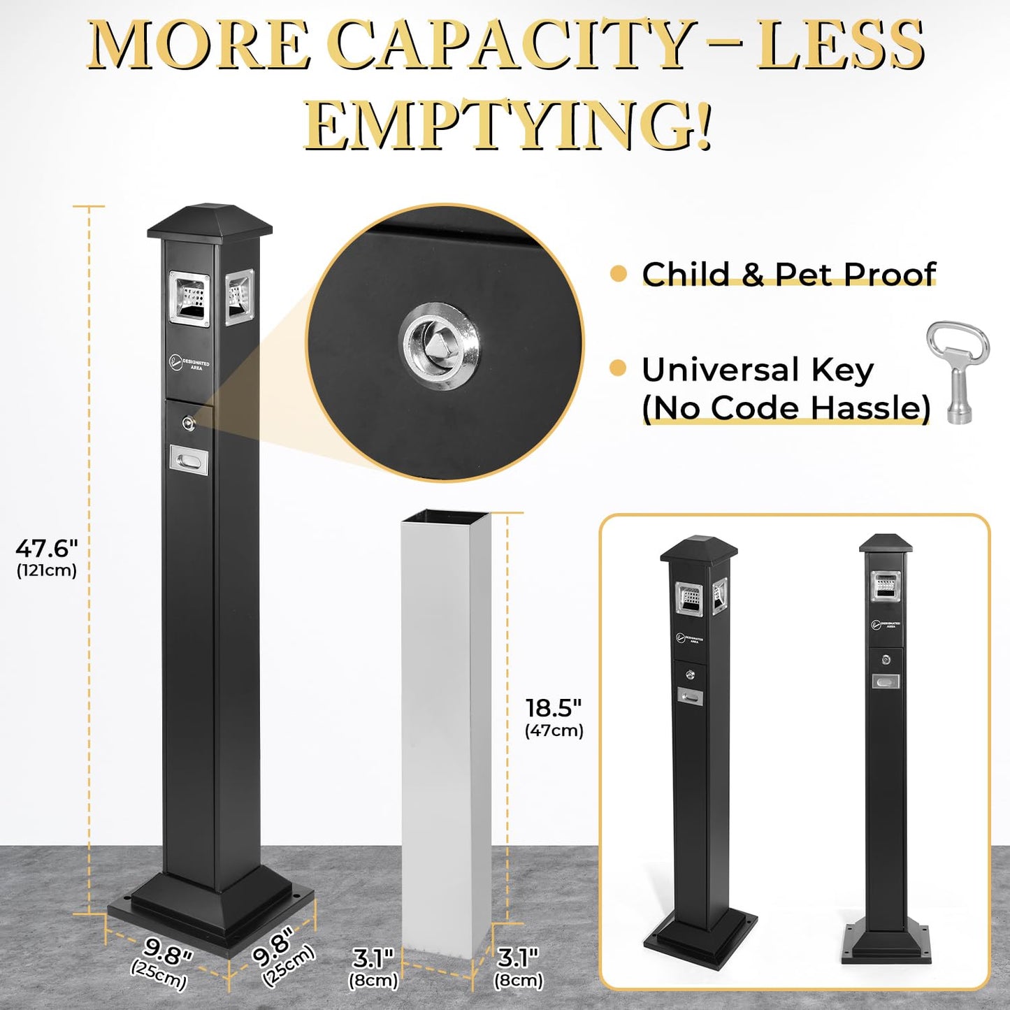 Black Lockable Heavy-Duty Stainless Steel Ash Disposal, Weatherproof Fireproof Design