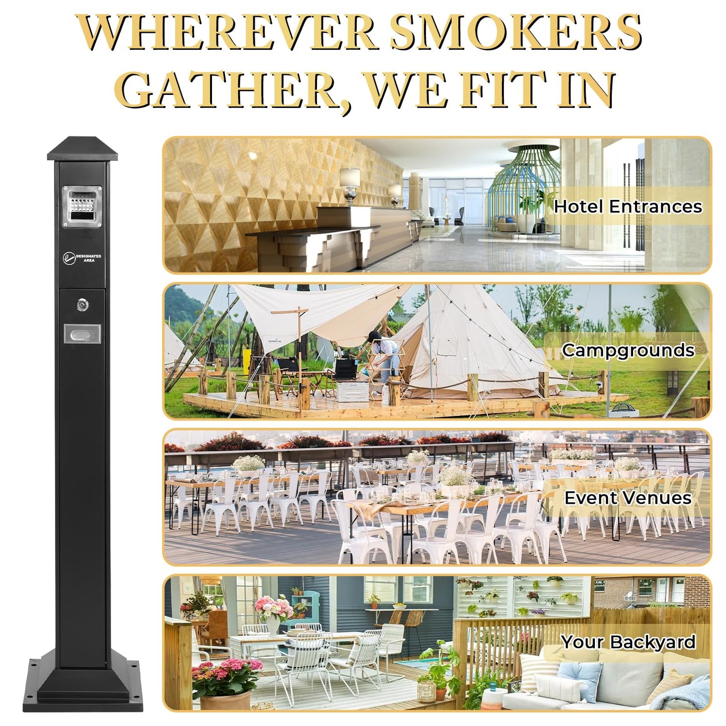Black Lockable Heavy-Duty Stainless Steel Ash Disposal, Weatherproof Fireproof Design