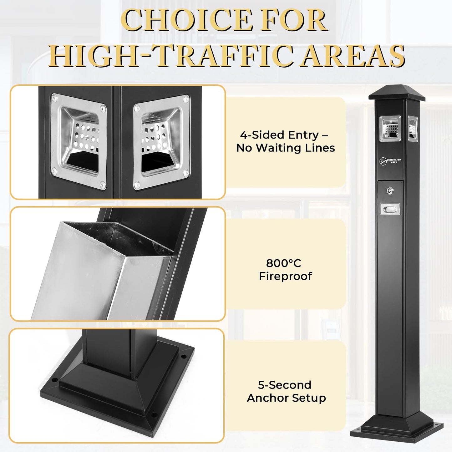Black Lockable Heavy-Duty Stainless Steel Ash Disposal, Weatherproof Fireproof Design