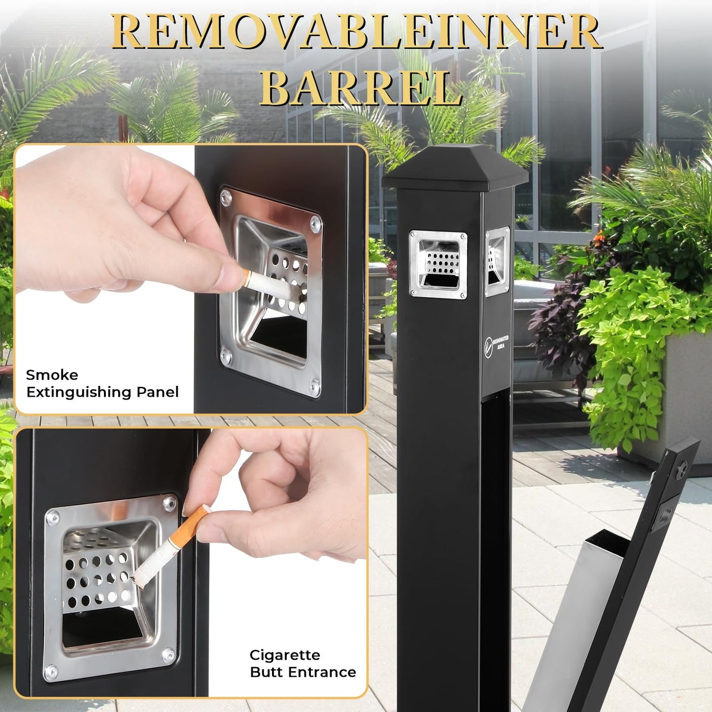 Black Lockable Heavy-Duty Stainless Steel Ash Disposal, Weatherproof Fireproof Design
