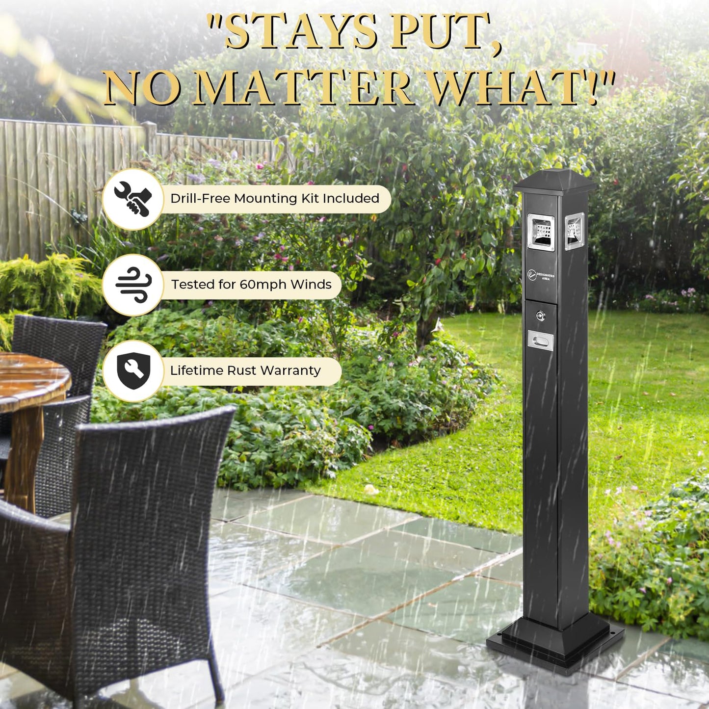 Black Lockable Heavy-Duty Stainless Steel Ash Disposal, Weatherproof Fireproof Design
