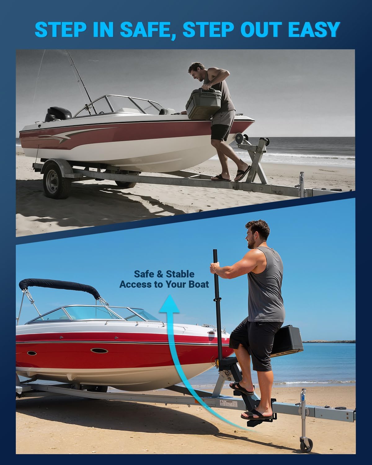 Boat Trailer Steps with Handrail Heavy-Duty Boat Boarding Step Ladder for The Tongue, Side Mount Non Slip 3 Steps