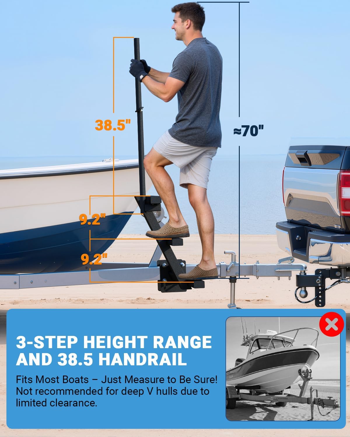 Boat Trailer Steps with Handrail Heavy-Duty Boat Boarding Step Ladder for The Tongue, Side Mount Non Slip 3 Steps