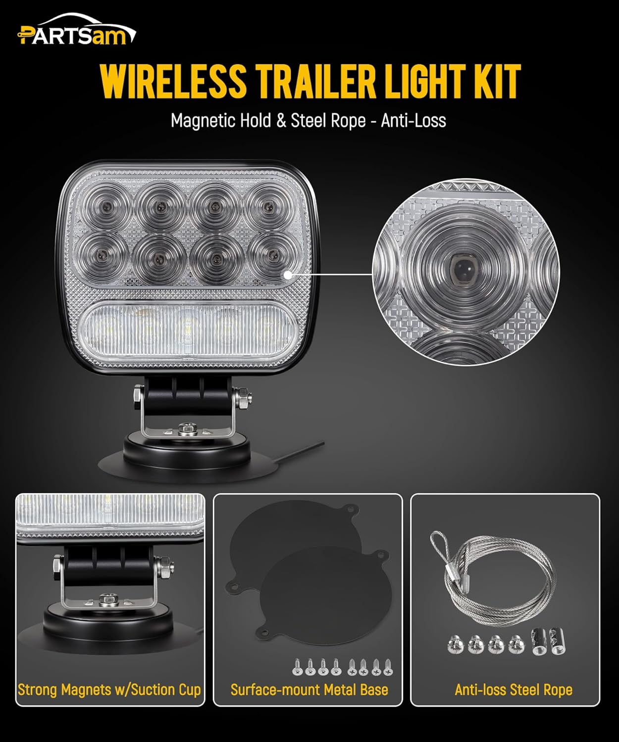 Wireless LED Trailer Light Kit, Magnetic Towing Tail Lights, w/ 7-Pin Plug, Dual USB Charger, 12-24V