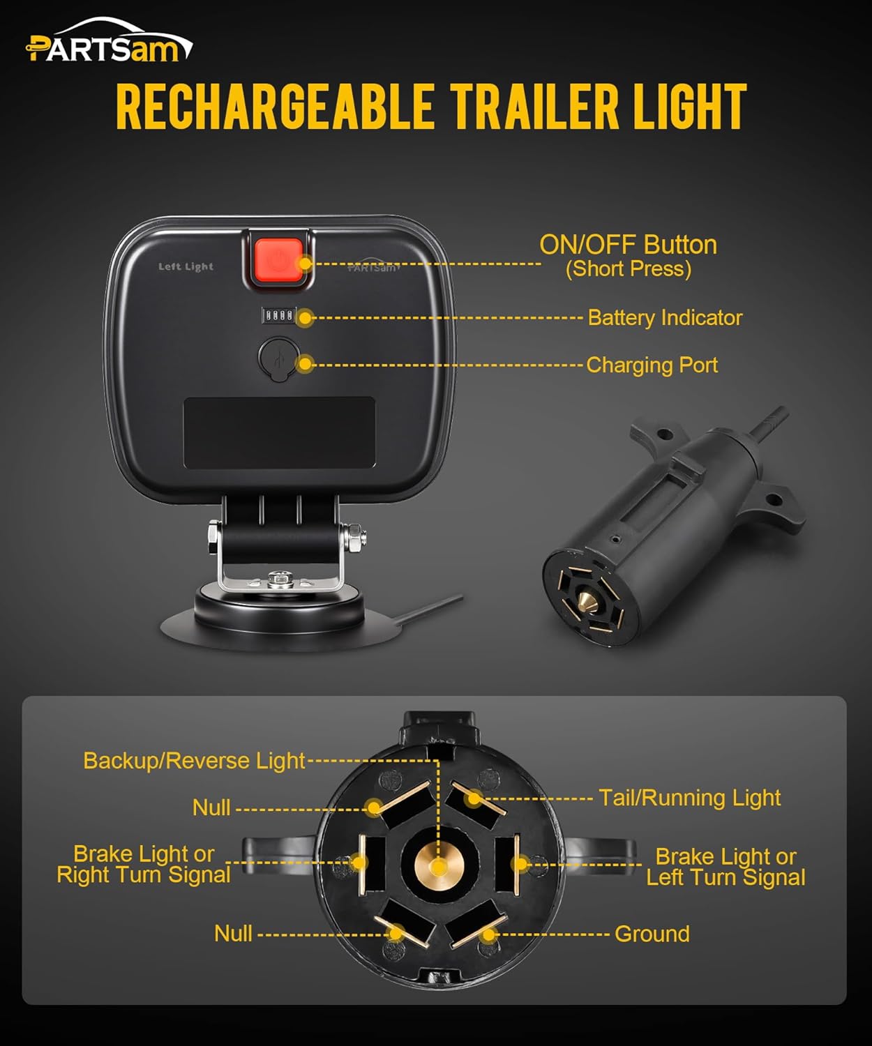 Wireless LED Trailer Light Kit, Magnetic Towing Tail Lights, w/ 7-Pin Plug, Dual USB Charger, 12-24V