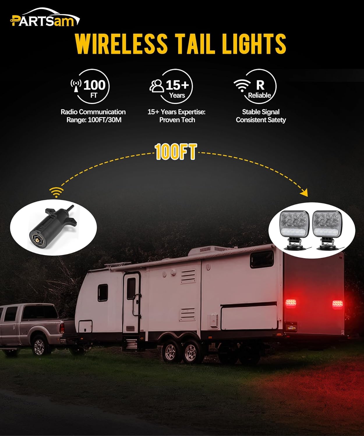 Wireless LED Trailer Light Kit, Magnetic Towing Tail Lights, w/ 7-Pin Plug, Dual USB Charger, 12-24V