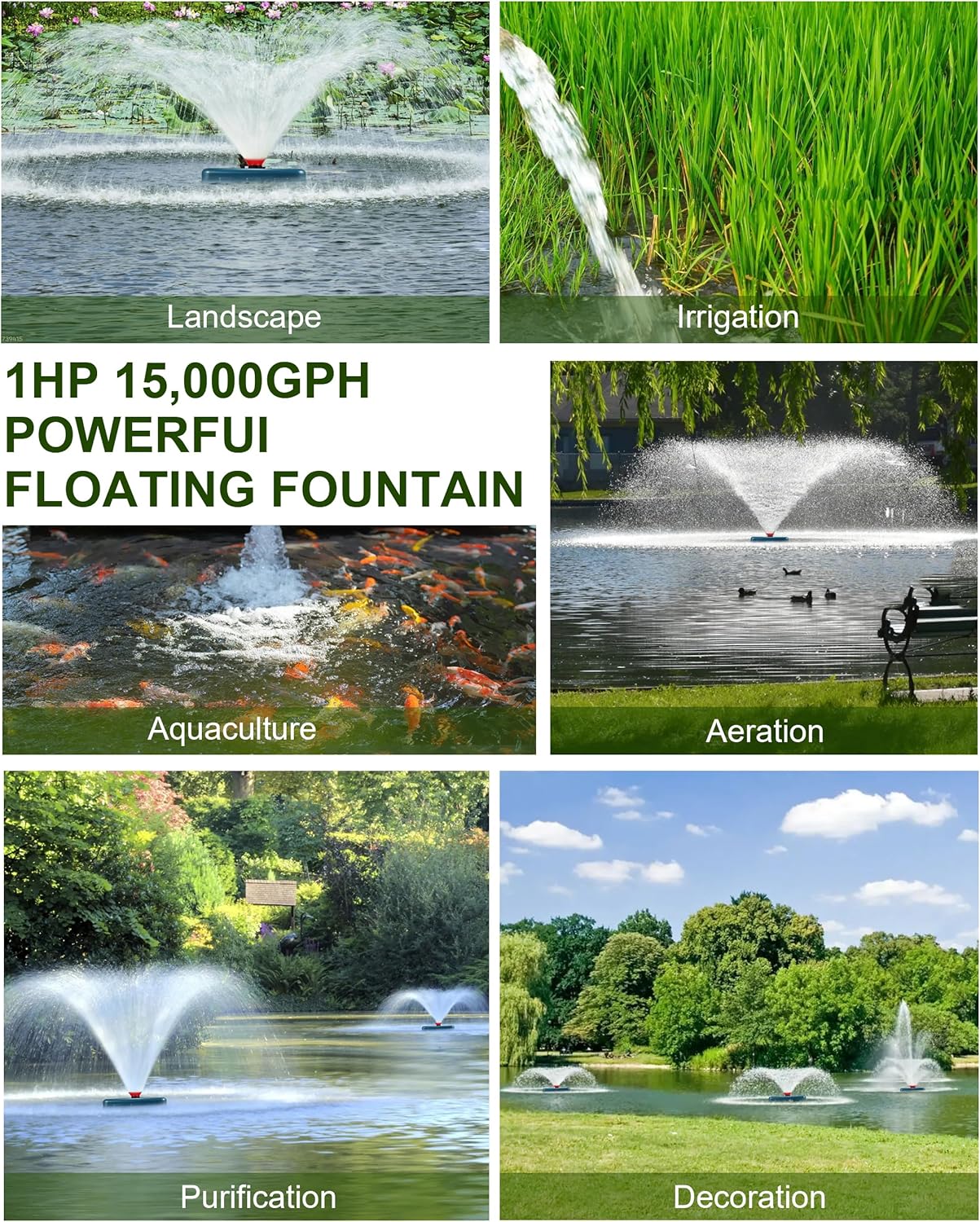 Pond Fountain Aerator 1HP, 750W 15000GPH 110V-120V Floating Water Fountain Pump With 100ft Power Cord