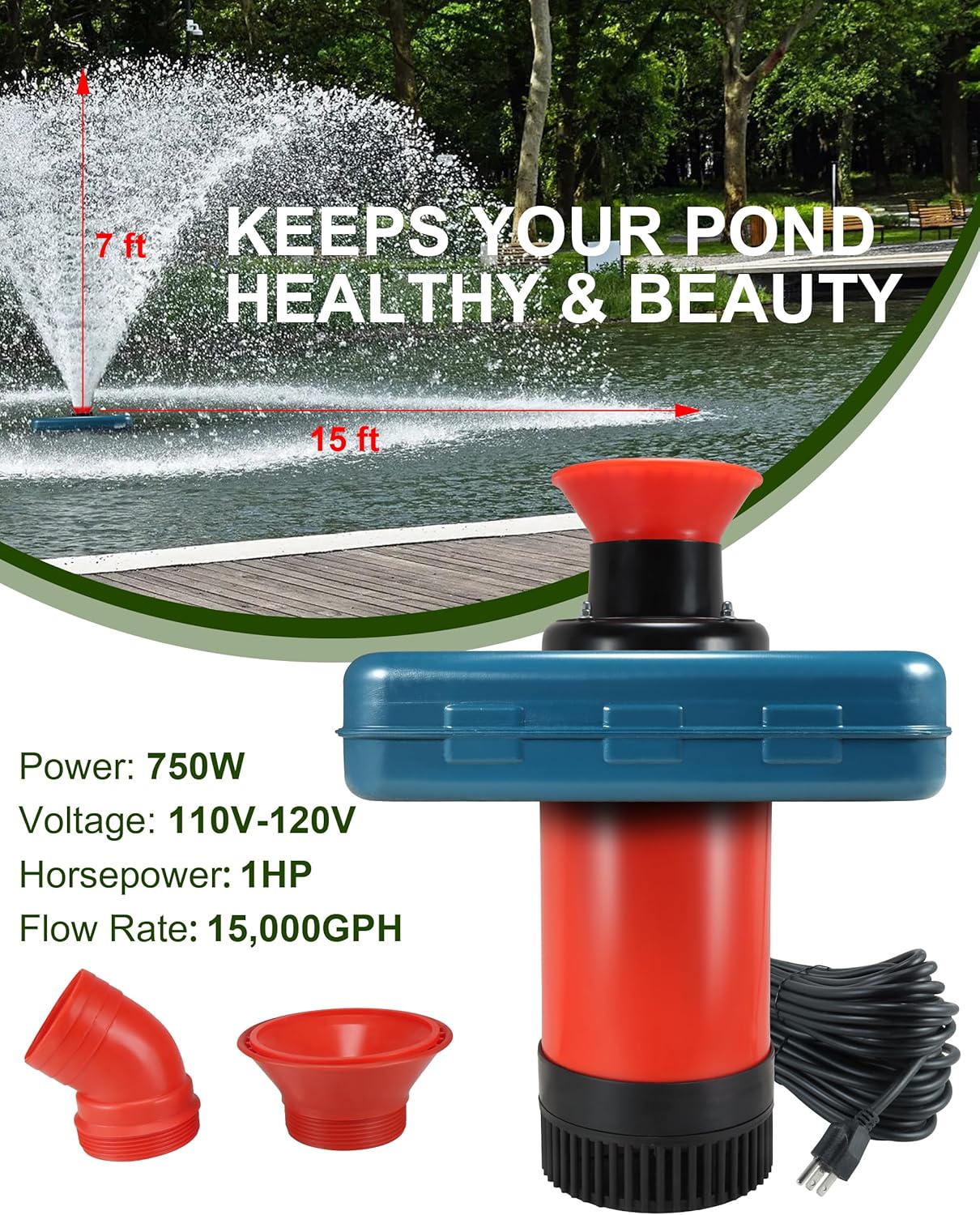 Pond Fountain Aerator 1HP, 750W 15000GPH 110V-120V Floating Water Fountain Pump With 100ft Power Cord