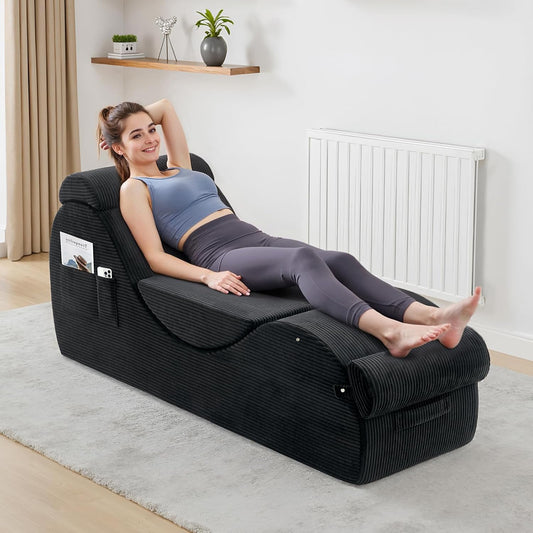 Yoga Chairs for Adults, Ergonomic Chaise Lounge Chair Indoor with Side Pocket, Lumbar Pillow, Ottoman