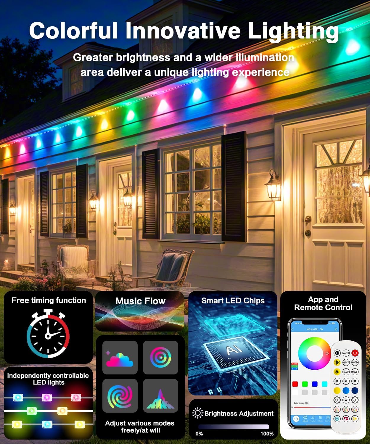 Permanent Outdoor Lights for House, 50ft 24 RGB+IC Smart Outdoor Decor, 50 Scenes, App/Remote Waterproof