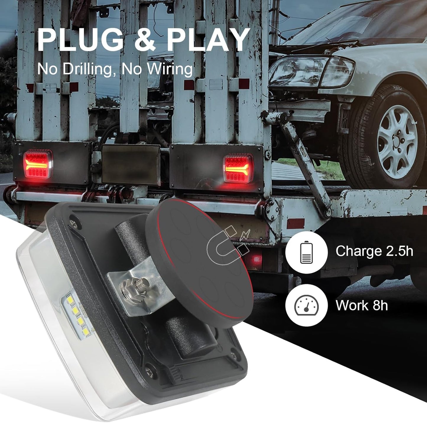 Wireless Trailer Lights Kit, Magnetic LED Tail Light for Trailer, IP67 Waterproof, Rechargeable