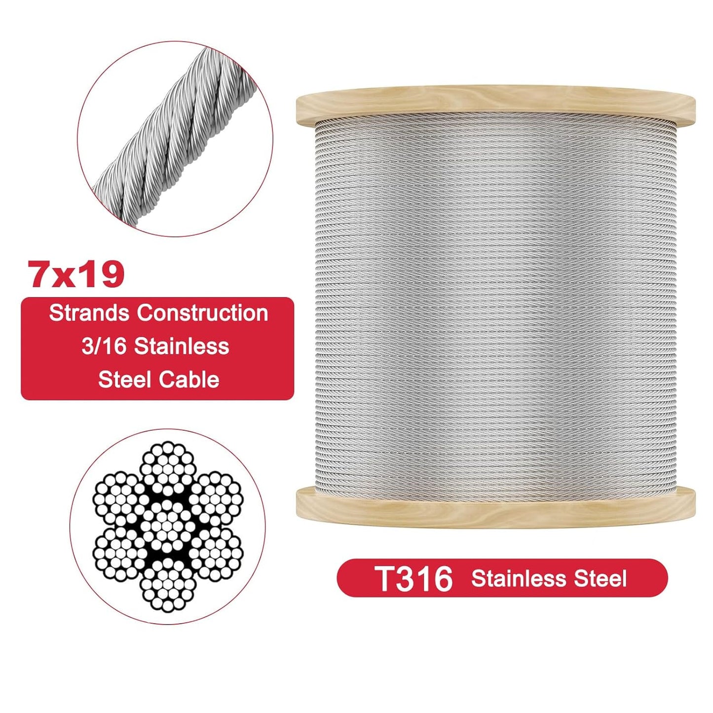 500FT 3/16 Stainless Steel Cable for Deck Railings System 7 x 19 Strand Construction Aircraft Cable for Rail Deck and DIY Balustrade (500FT)