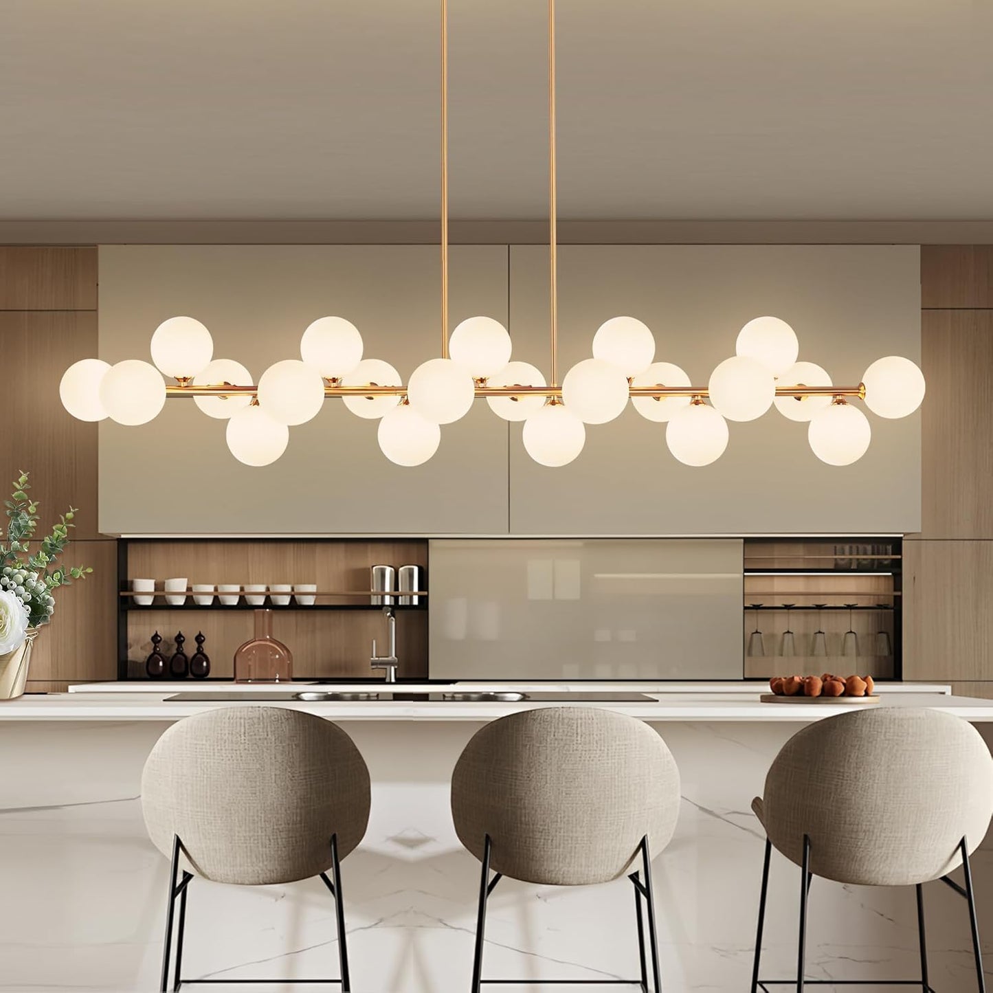 Linear Chandelier, Gold Mid Century Modern Globe, Linear with White Glass Lampshade, 70' Diamter, 22 Lights