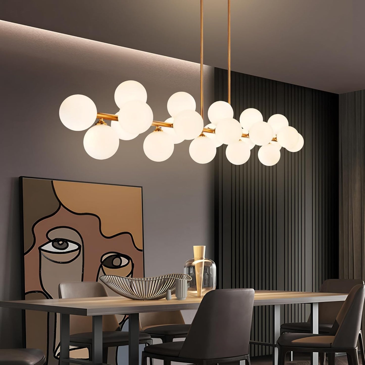 Linear Chandelier, Gold Mid Century Modern Globe, Linear with White Glass Lampshade, 70' Diamter, 22 Lights