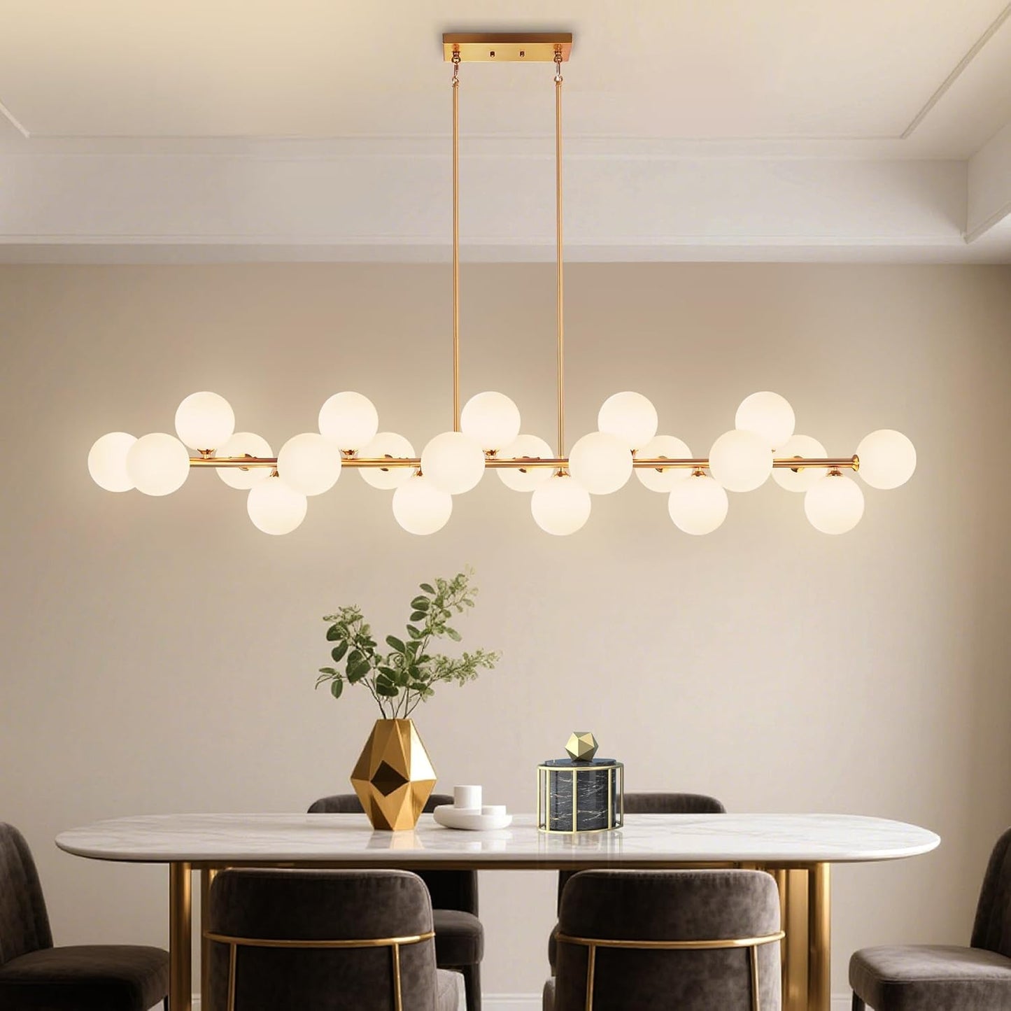 Linear Chandelier, Gold Mid Century Modern Globe, Linear with White Glass Lampshade, 70' Diamter, 22 Lights