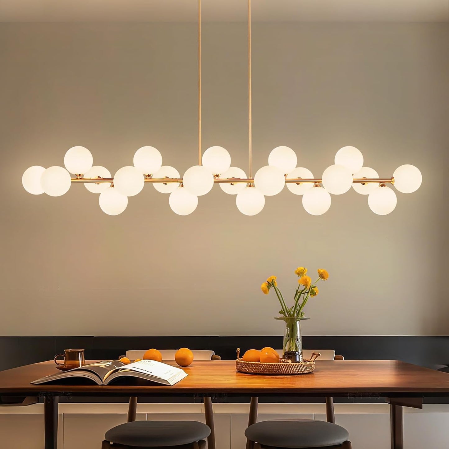 Linear Chandelier, Gold Mid Century Modern Globe, Linear with White Glass Lampshade, 70' Diamter, 22 Lights