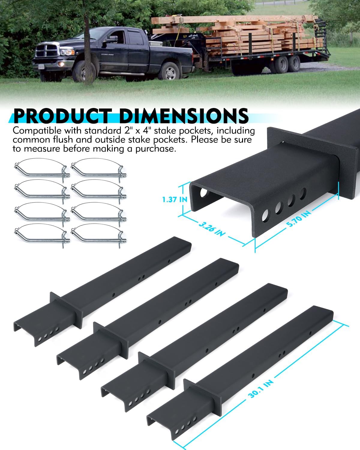 Heavy-Duty C Channel Pipe Stake with Anti-Loss Cord, Adjustable 30' Trailer Stake for Trailer Hauler, 4 Pack