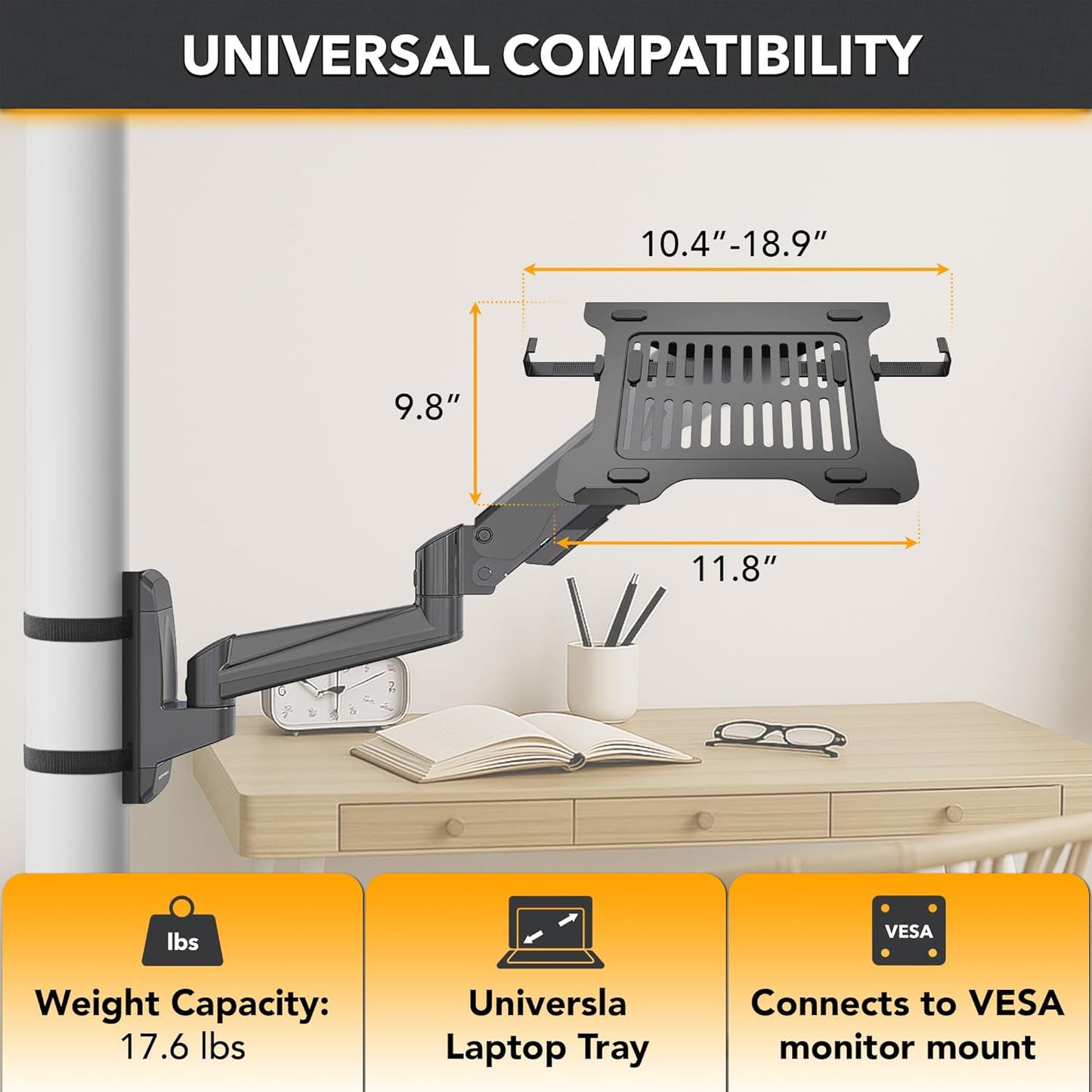 Ergonomic Laptop Mount for Poles, Fits Devices Up to 19', 360degree Rotation, Anti-Slip Tray