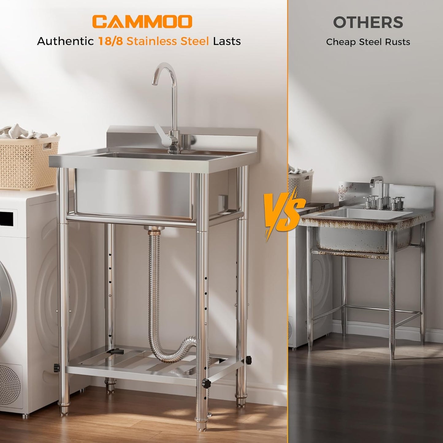 23'W Compact Utility Sink 18/8 Stainless Steel Portable Ergonomic Sinks with 4-Height Adjustable & 360° Swivel
