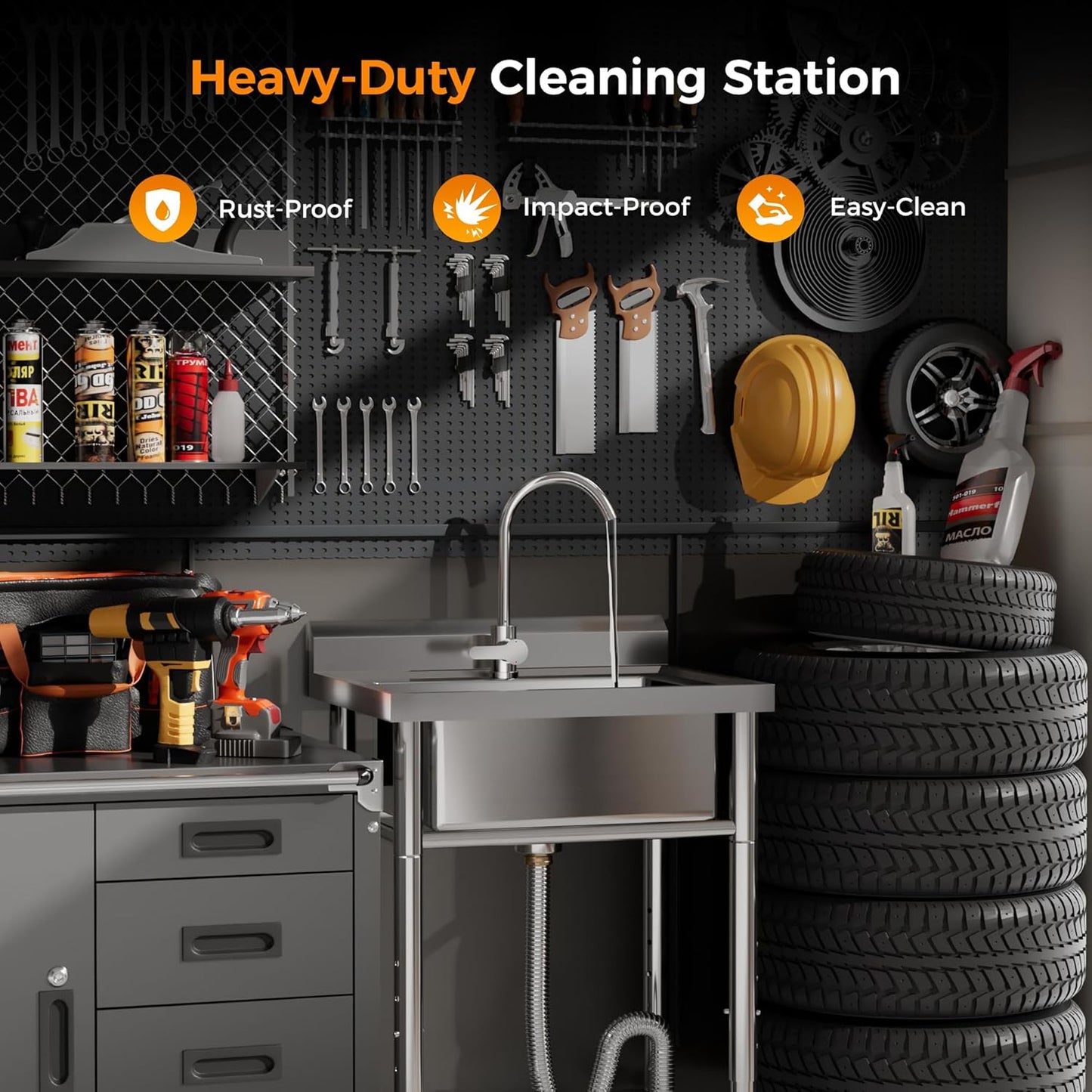 23'W Compact Utility Sink 18/8 Stainless Steel Portable Ergonomic Sinks with 4-Height Adjustable & 360° Swivel