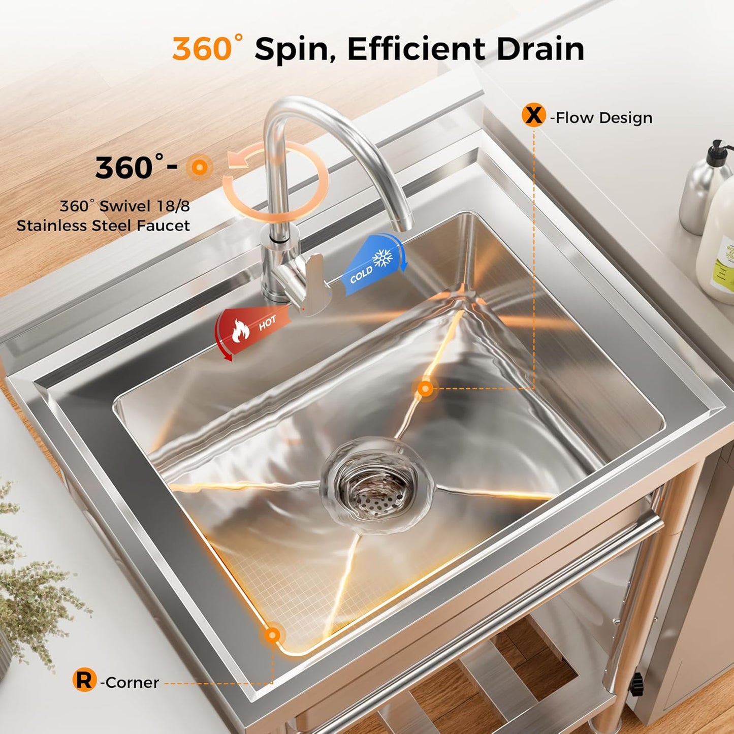 23'W Compact Utility Sink 18/8 Stainless Steel Portable Ergonomic Sinks with 4-Height Adjustable & 360° Swivel
