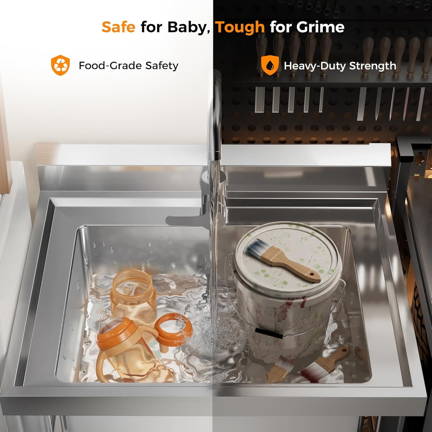 23'W Compact Utility Sink 18/8 Stainless Steel Portable Ergonomic Sinks with 4-Height Adjustable & 360° Swivel