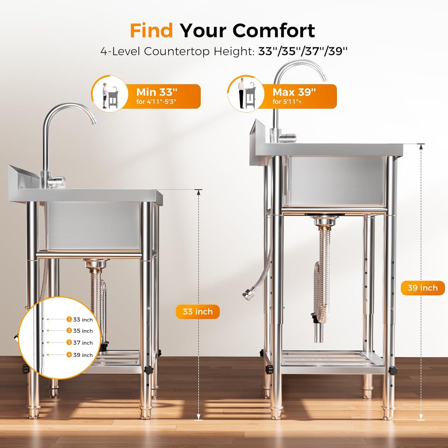 23'W Compact Utility Sink 18/8 Stainless Steel Portable Ergonomic Sinks with 4-Height Adjustable & 360° Swivel