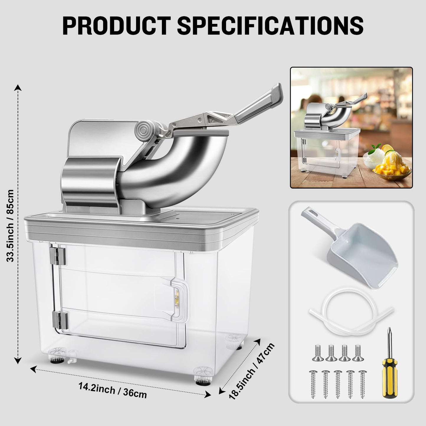 Commercial Ice Crusher 480lbs/hr, 350W Electric Ice Shaver Snow Cone Machine with Dual Blades, 40L Storage Bin