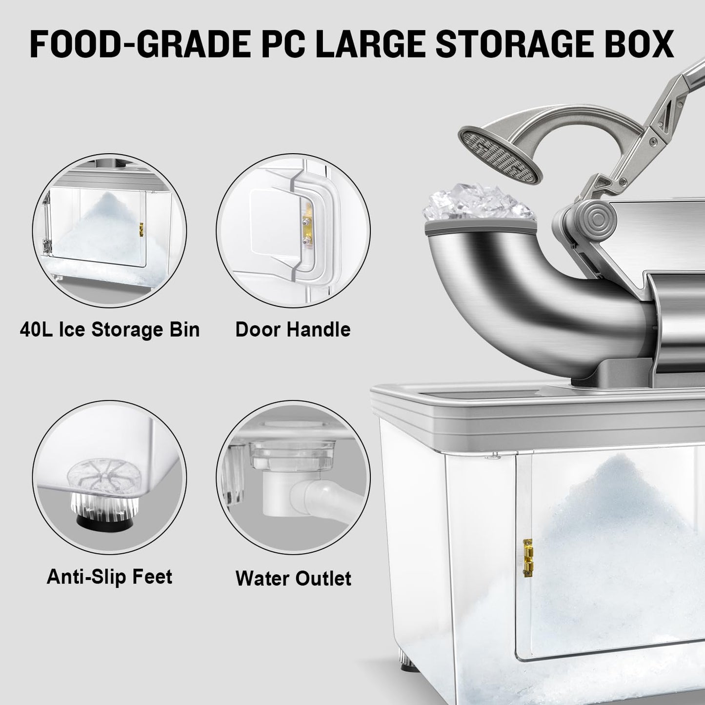 Commercial Ice Crusher 480lbs/hr, 350W Electric Ice Shaver Snow Cone Machine with Dual Blades, 40L Storage Bin