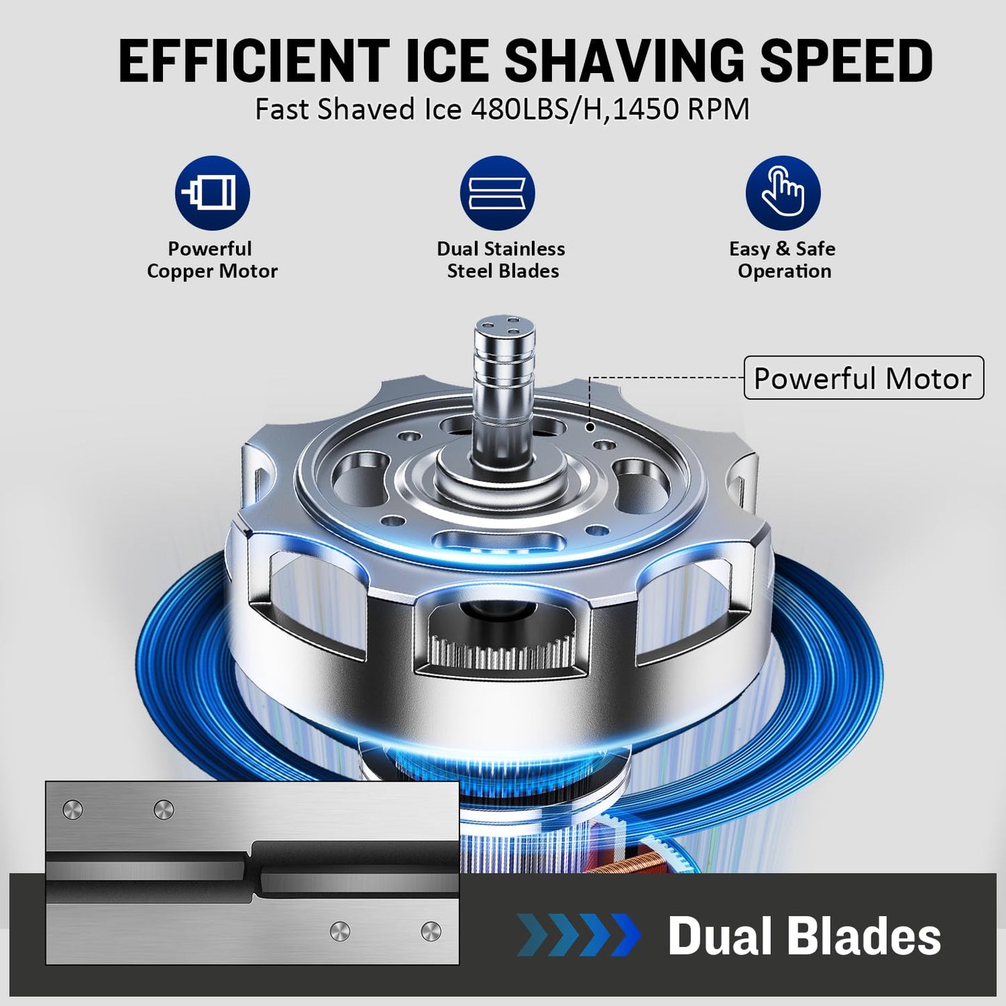 Commercial Ice Crusher 480lbs/hr, 350W Electric Ice Shaver Snow Cone Machine with Dual Blades, 40L Storage Bin