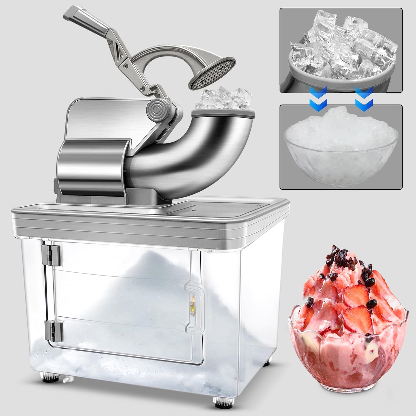 Commercial Ice Crusher 480lbs/hr, 350W Electric Ice Shaver Snow Cone Machine with Dual Blades, 40L Storage Bin