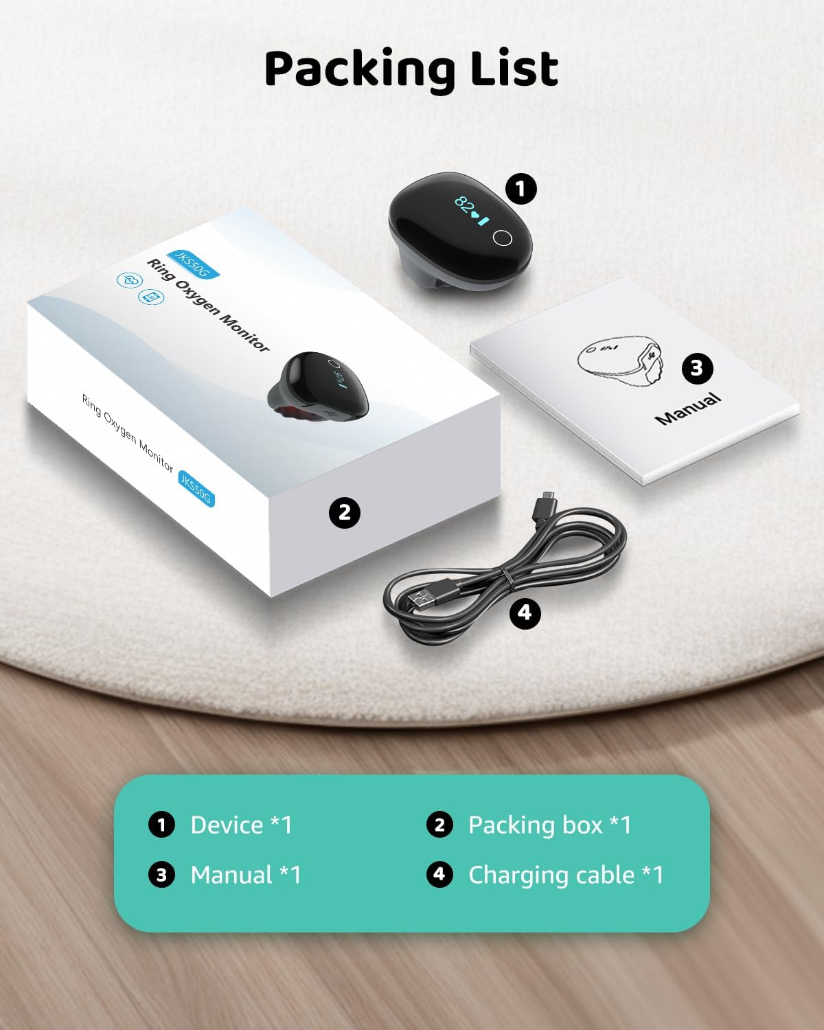 Pulse Oximeter O2 Ring Monitor, Blood Oxygen Saturation with Vibration Reminder, SpO2 & Pulse, Rechargeable