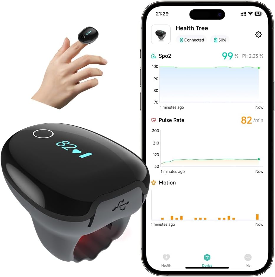 Pulse Oximeter O2 Ring Monitor, Blood Oxygen Saturation with Vibration Reminder, SpO2 & Pulse, Rechargeable