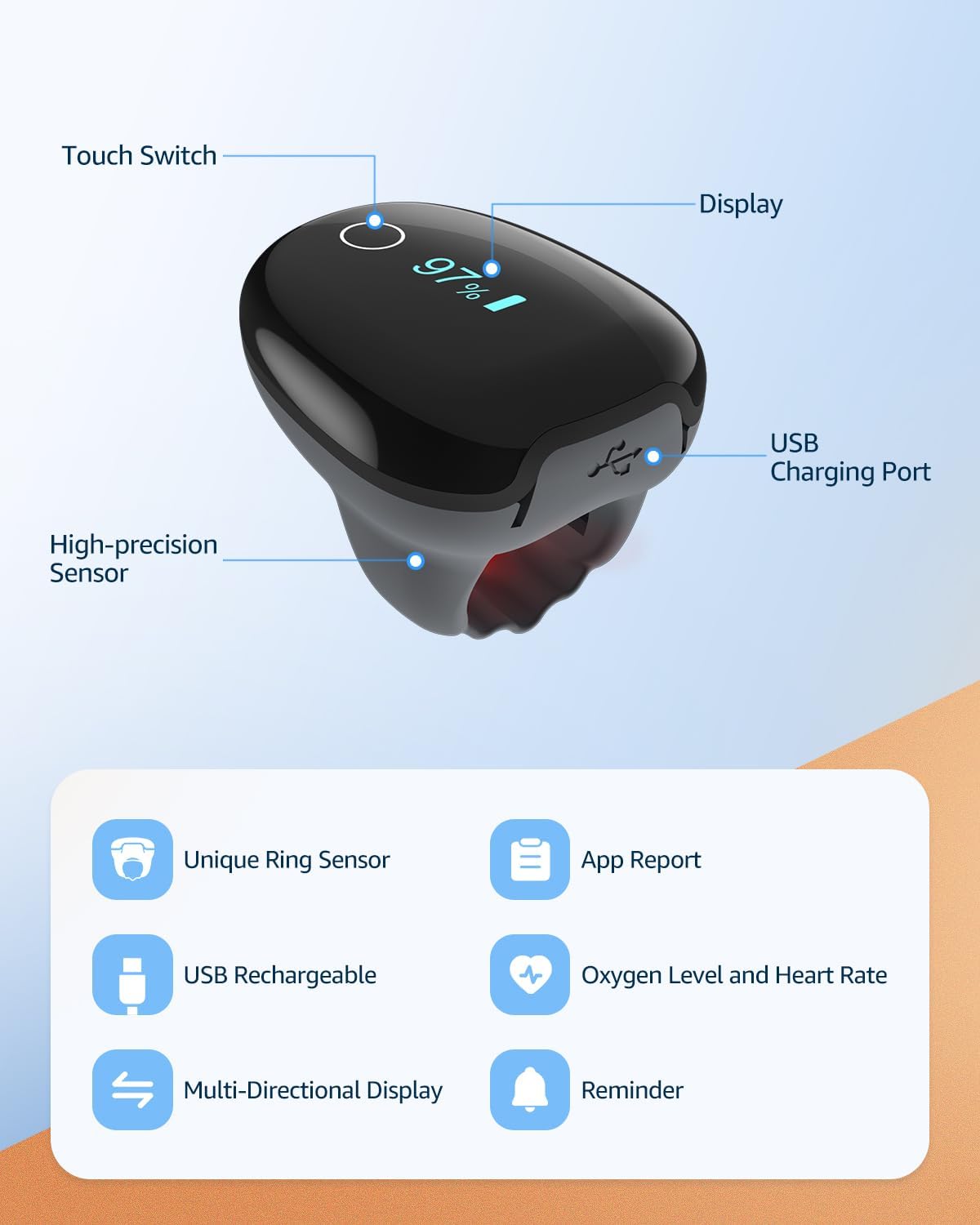 Pulse Oximeter O2 Ring Monitor, Blood Oxygen Saturation with Vibration Reminder, SpO2 & Pulse, Rechargeable