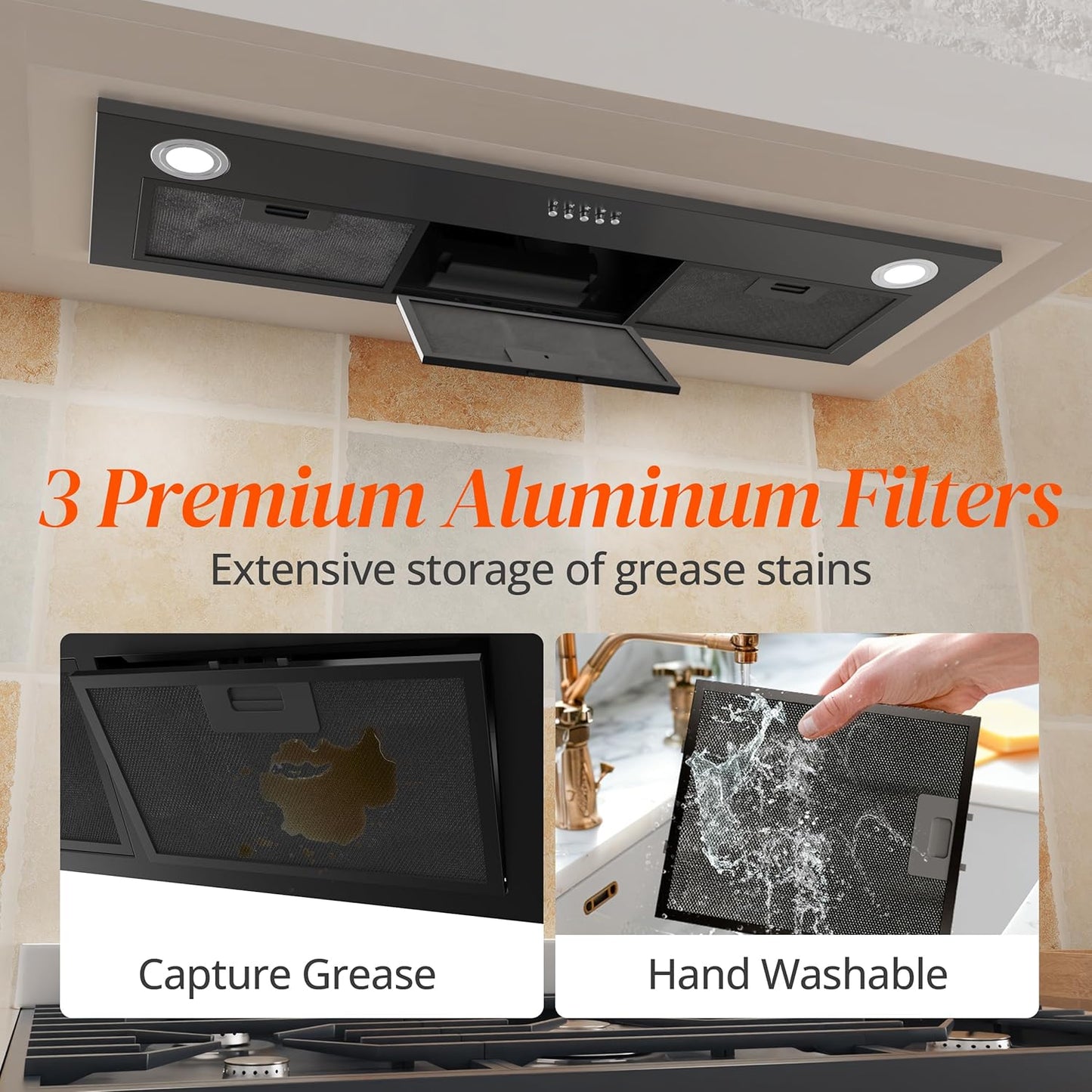Black Range Hood Insert 36 inch, Built-in Kitchen Hood with 600 CFM, Ducted/Ductless Convertible Vent Hood