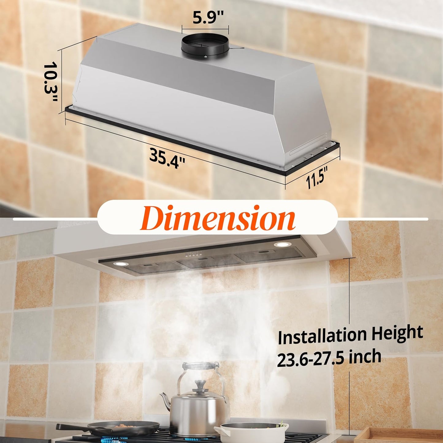 Black Range Hood Insert 36 inch, Built-in Kitchen Hood with 600 CFM, Ducted/Ductless Convertible Vent Hood