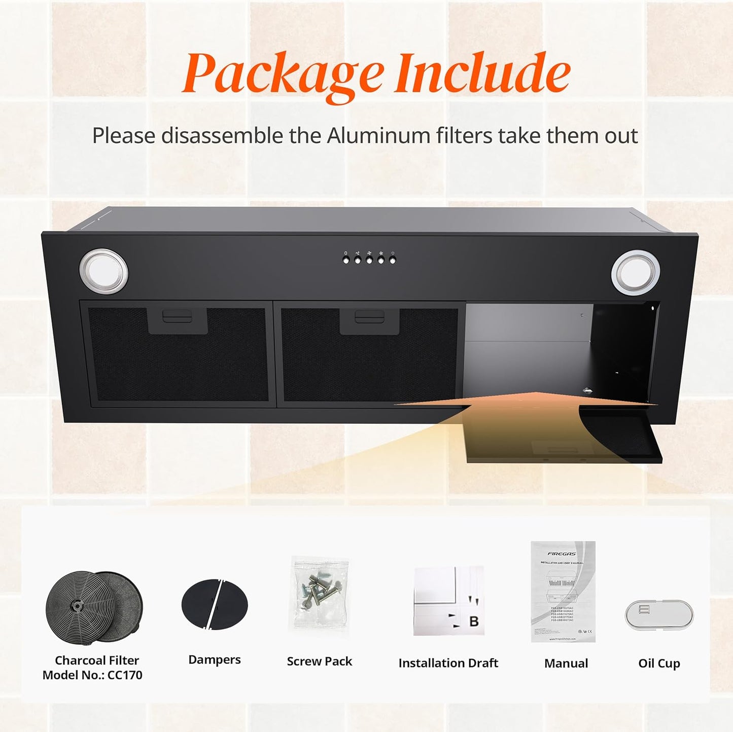 Black Range Hood Insert 36 inch, Built-in Kitchen Hood with 600 CFM, Ducted/Ductless Convertible Vent Hood
