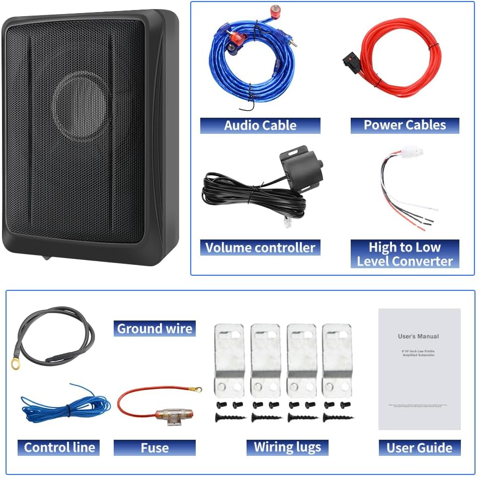 10' 600W Powered Car Subwoofer, Built-in Amplifier, 220W RMS, 20Hz-150Hz, Slim Under Seat Design, High/Low