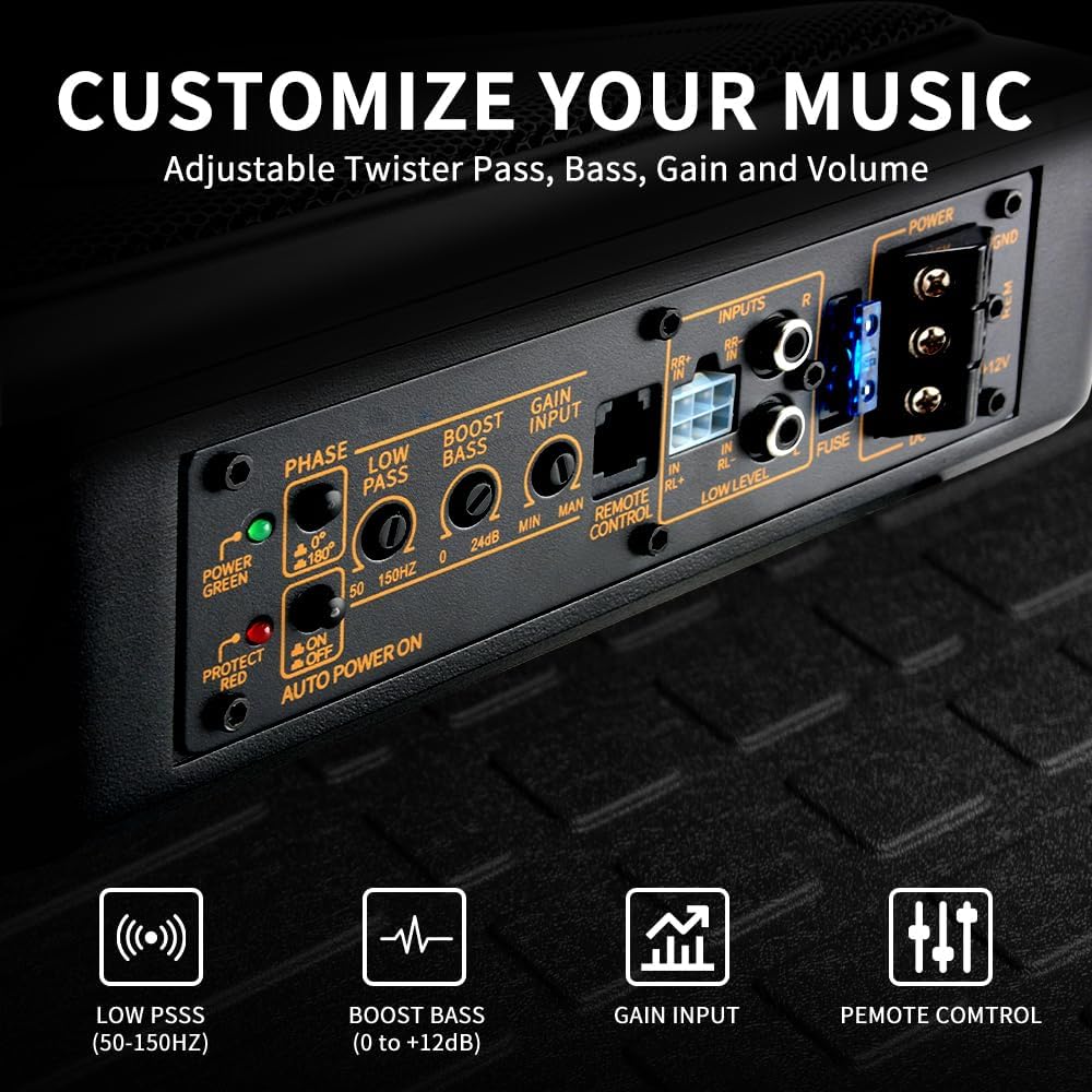 10' 600W Powered Car Subwoofer, Built-in Amplifier, 220W RMS, 20Hz-150Hz, Slim Under Seat Design, High/Low