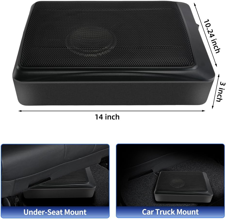 10' 600W Powered Car Subwoofer, Built-in Amplifier, 220W RMS, 20Hz-150Hz, Slim Under Seat Design, High/Low