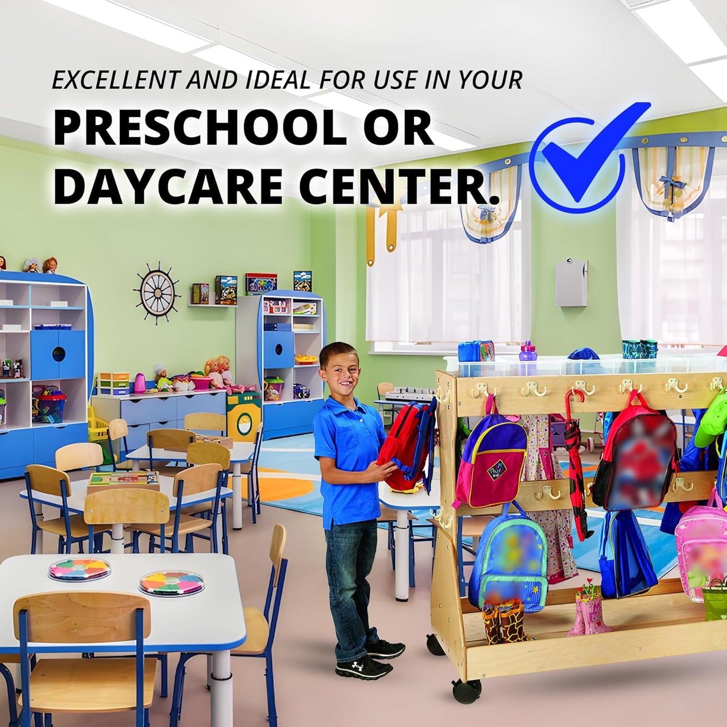 Rolling Backpack cart and Classroom Cubbies for Daycare, Storage with Coat Hooks and Wheels, Wooden