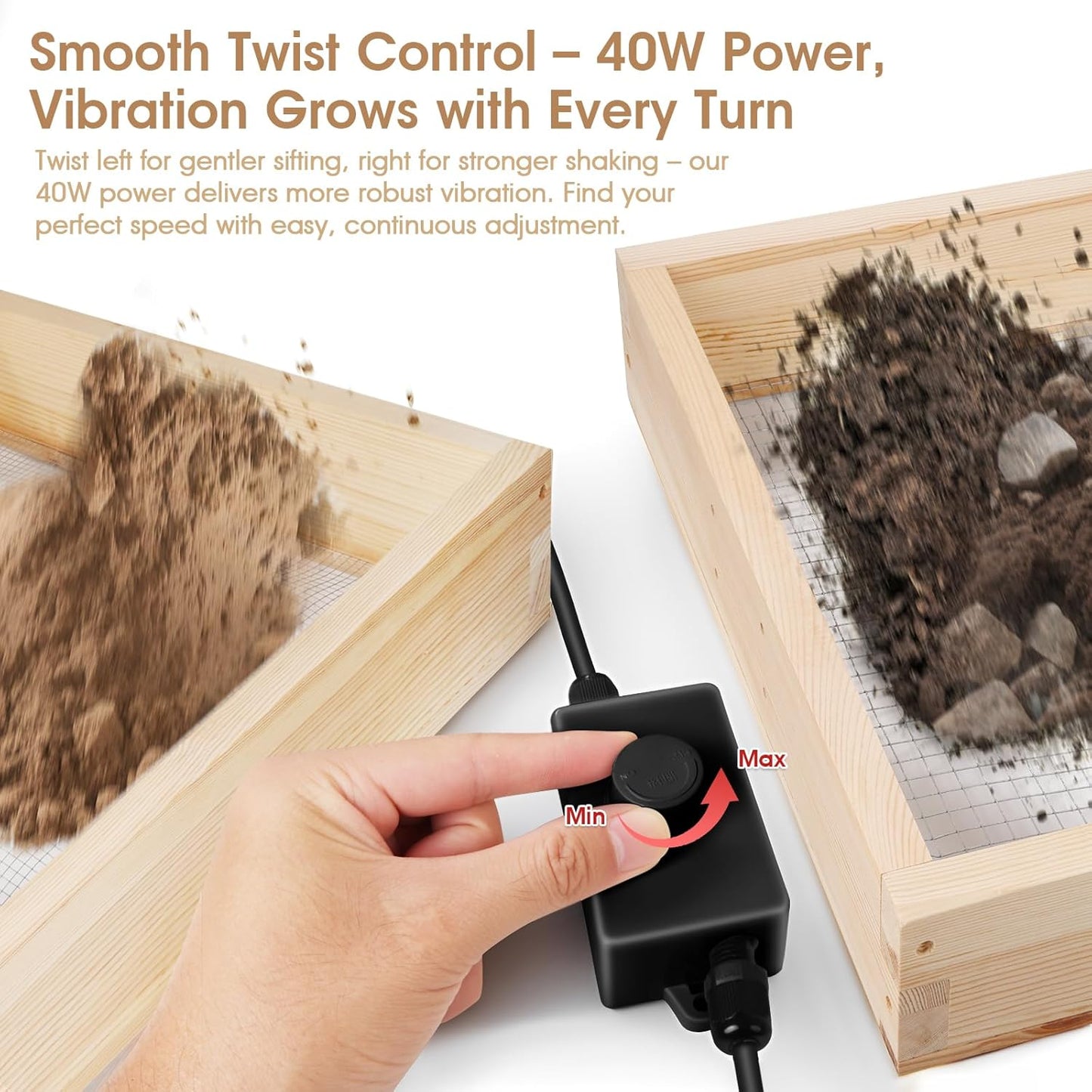 Soil Sifter, 40W Adjustable Vibration Motor and Dual Mesh Sizes, 39' x 19.5' Wooden Automatic Compost Sieve