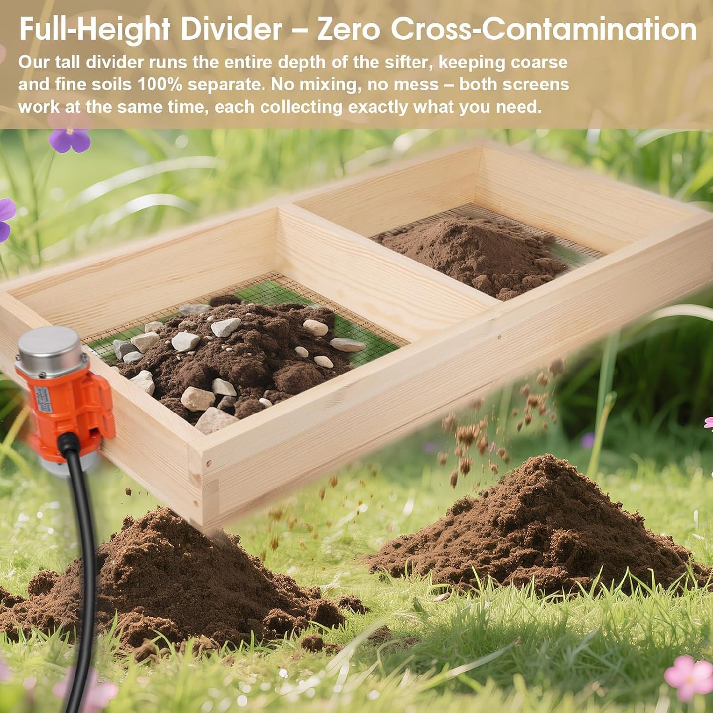Soil Sifter, 40W Adjustable Vibration Motor and Dual Mesh Sizes, 39' x 19.5' Wooden Automatic Compost Sieve