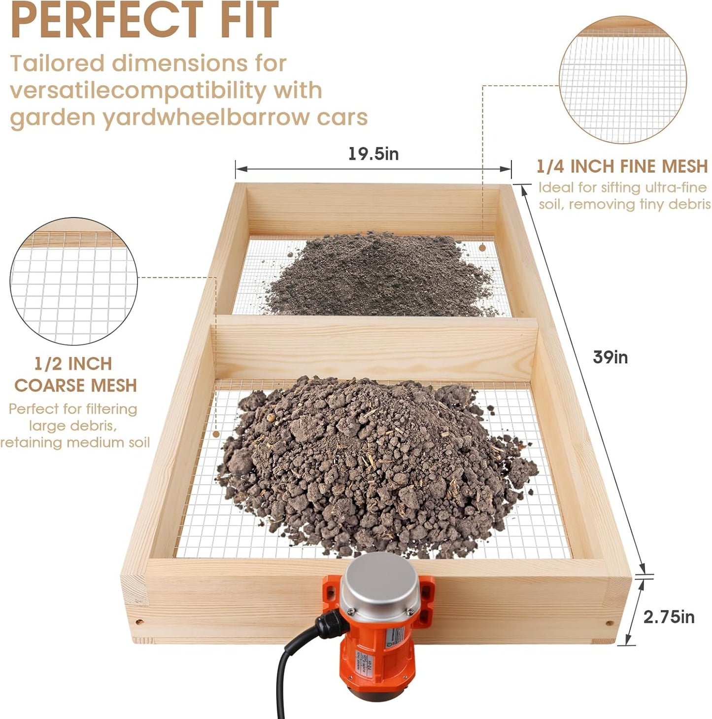 Soil Sifter, 40W Adjustable Vibration Motor and Dual Mesh Sizes, 39' x 19.5' Wooden Automatic Compost Sieve