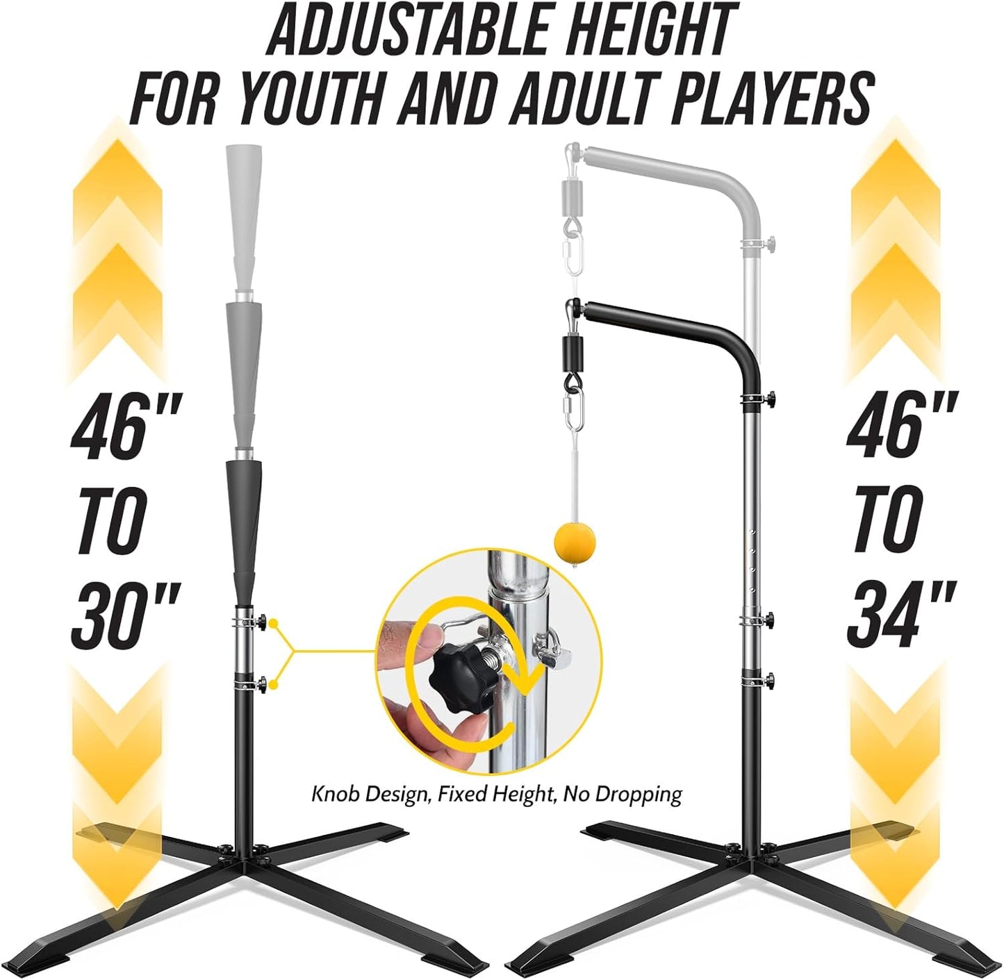 2-in-1 Baseball & Softball Swing Trainer with Batting Tee, Adjustable Height 30'-46' Heavy-Duty X-Base