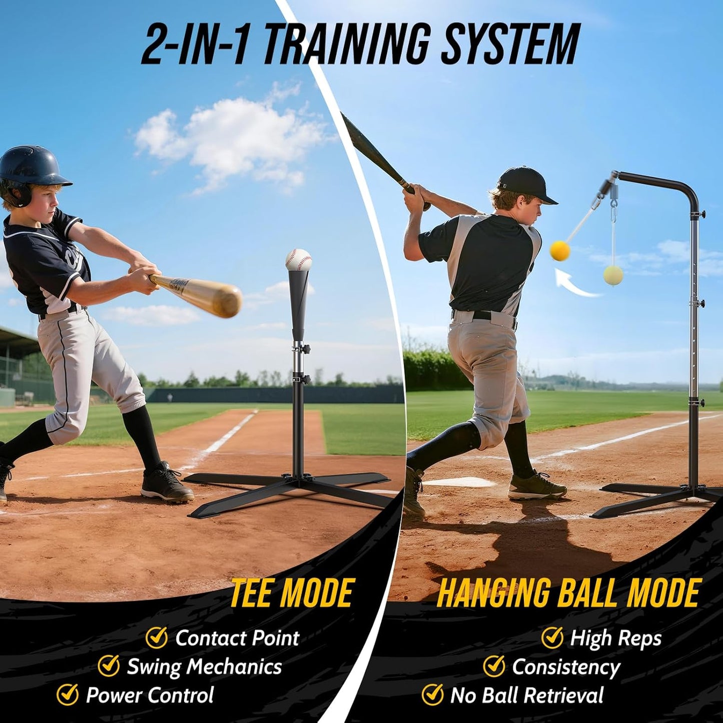 2-in-1 Baseball & Softball Swing Trainer with Batting Tee, Adjustable Height 30'-46' Heavy-Duty X-Base