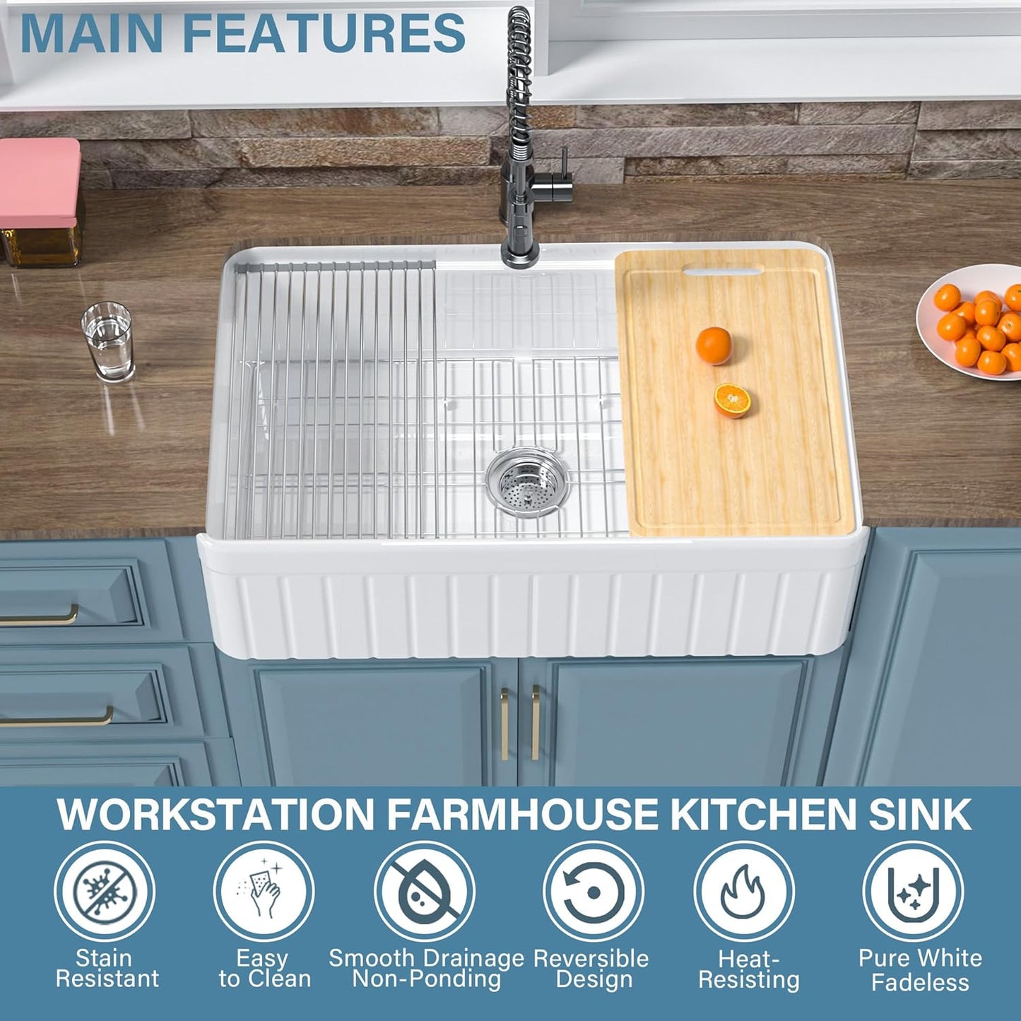 White Farmhouse Workstation Sink 33 x 20 Inch, Firecaly Apron Front Undermount Farm Sink, Heavy Duty