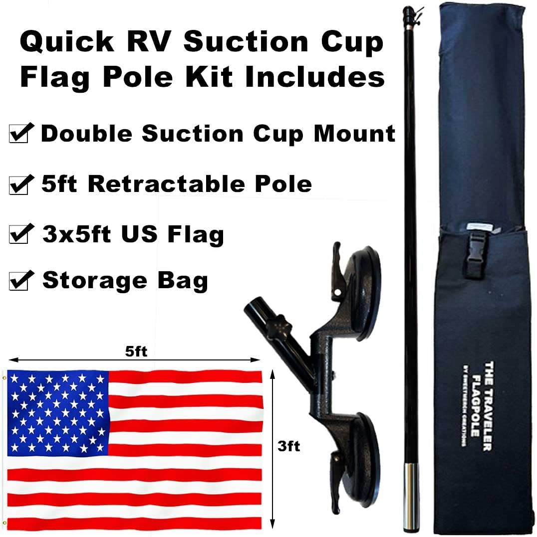 The Traveler RV Suction Cup Flag Pole Kit. Includes Double Suction Cup Mount, 5ft Retractable Pole, Flag 3'x5'